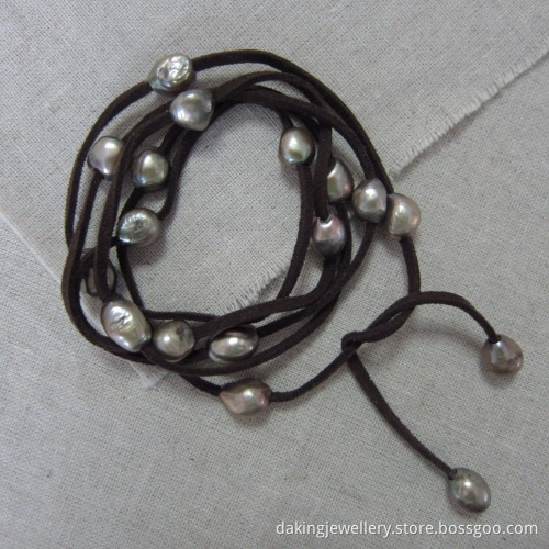 Big Freshwater Pearl Bracelet with Dark Brown Leather, Jewellery